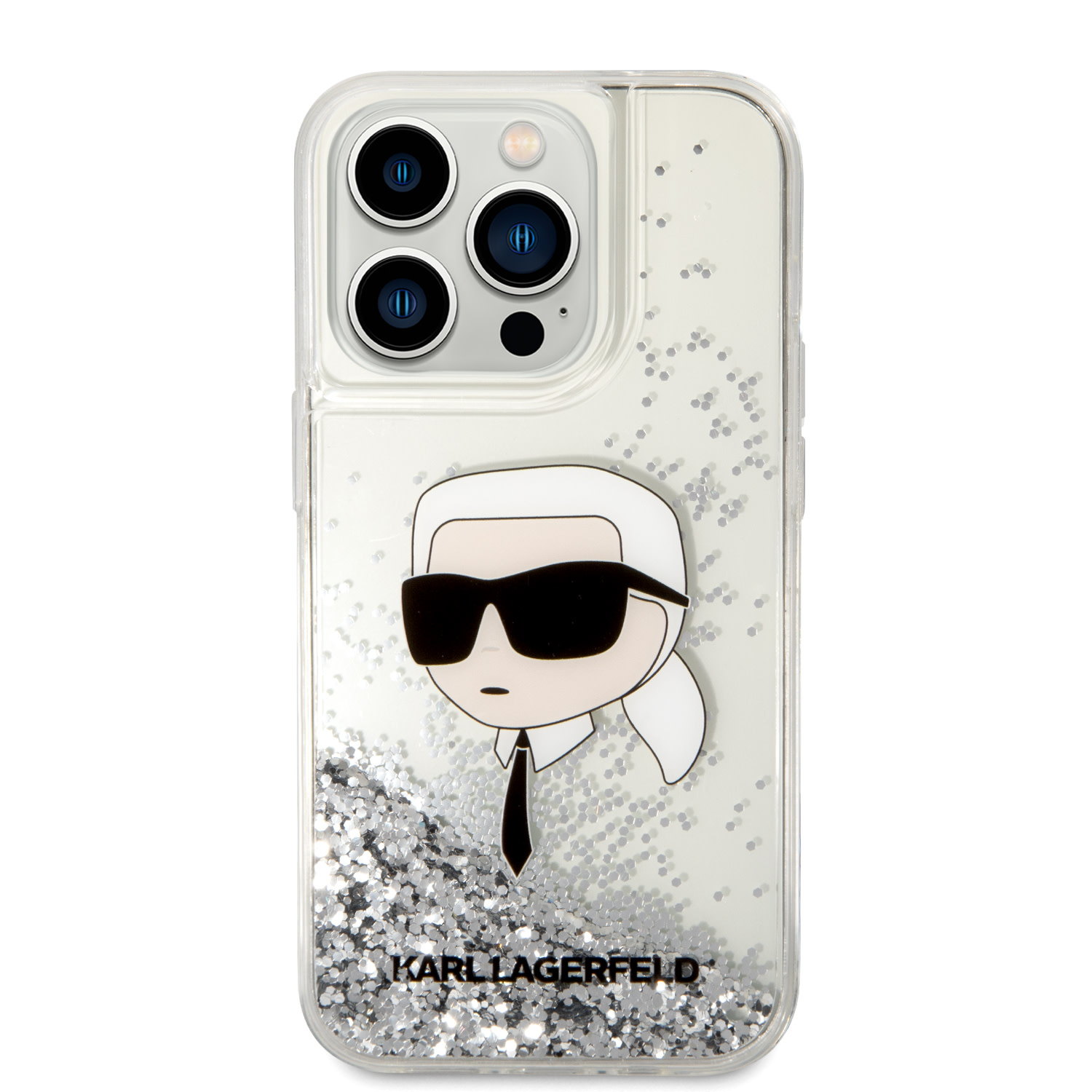 Karl Lagerfeld iPhone 14 Pro hoesje - Liquid Glitter - Karl Head - Zilver - detail 2