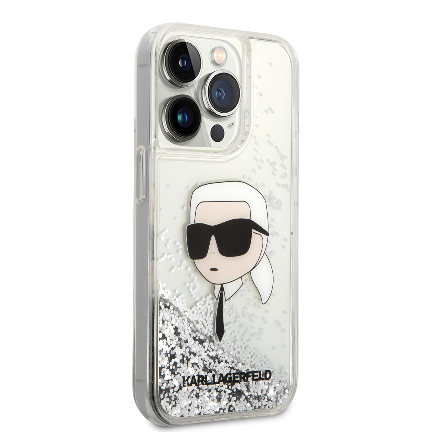 Karl Lagerfeld iPhone 14 Pro hoesje - Liquid Glitter - Karl Head - Zilver - detail 3