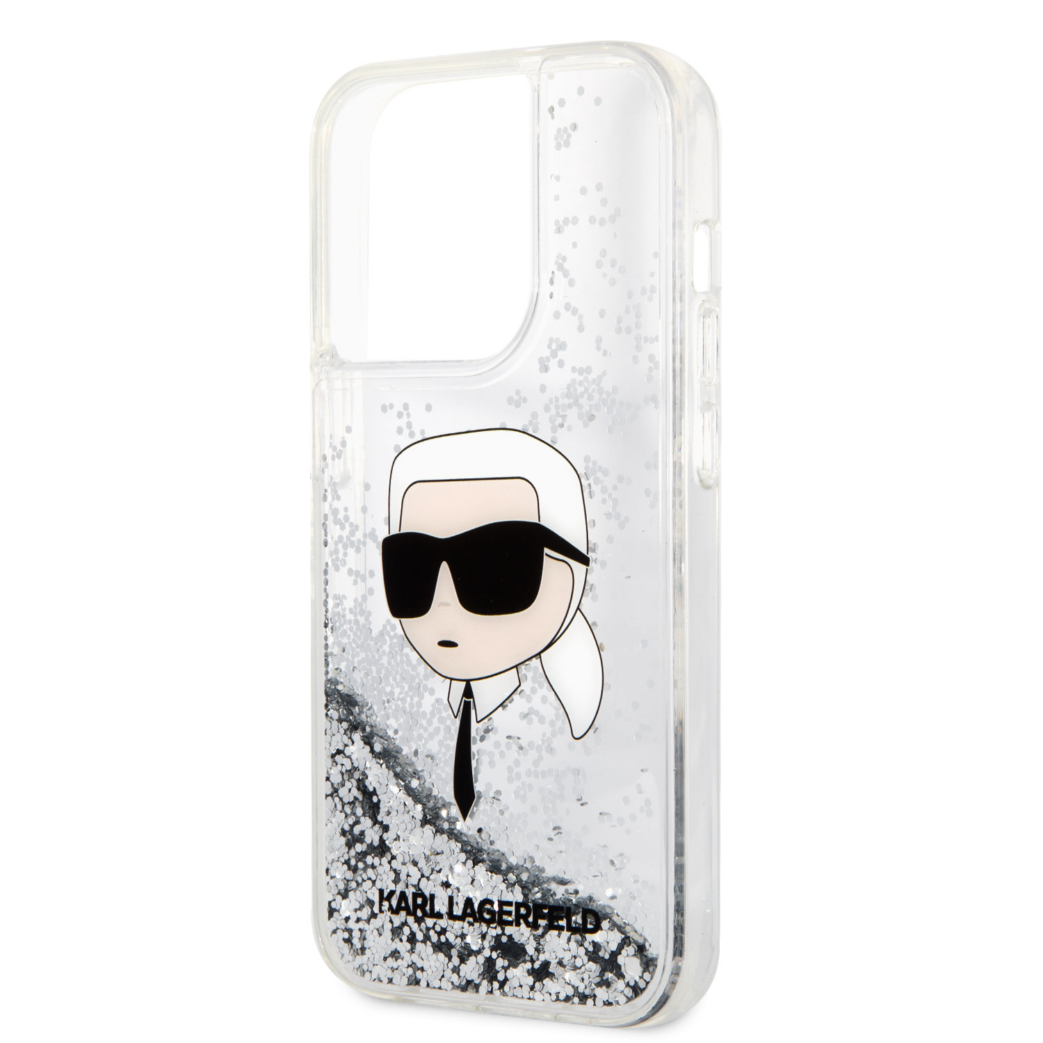Karl Lagerfeld iPhone 14 Pro hoesje - Liquid Glitter - Karl Head - Zilver - detail 4