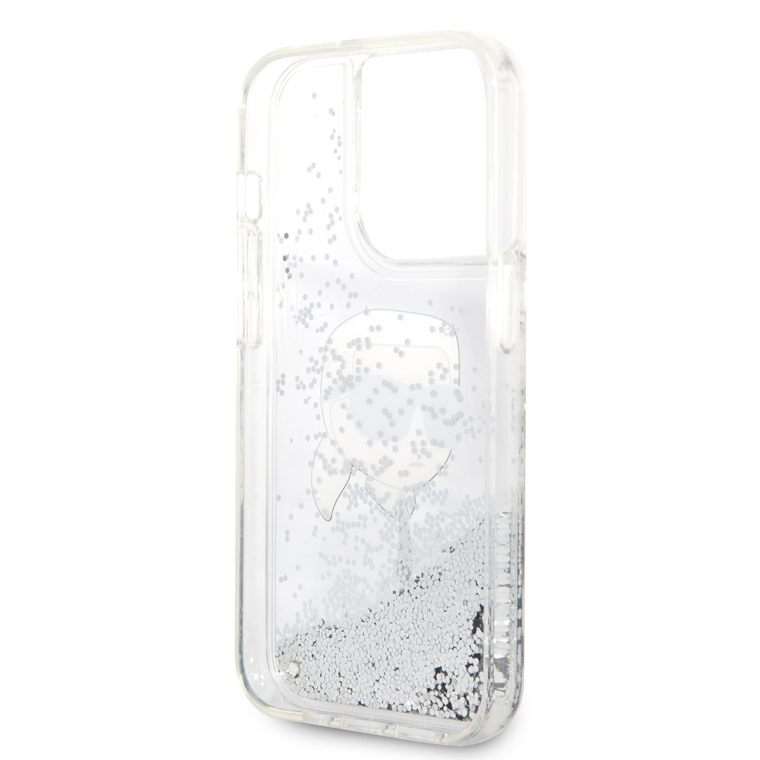Karl Lagerfeld iPhone 14 Pro hoesje - Liquid Glitter - Karl Head - Zilver - detail 5