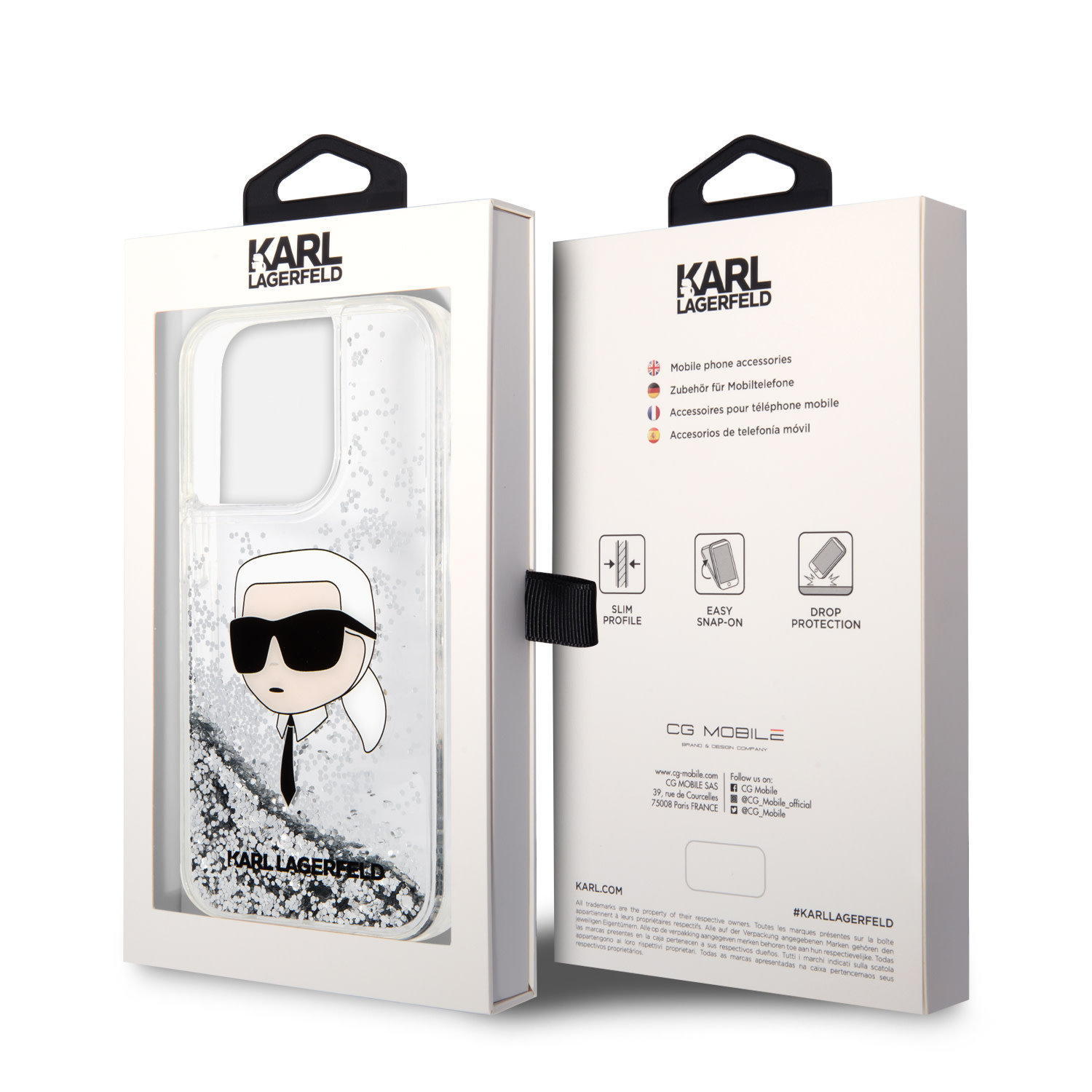 Karl Lagerfeld iPhone 14 Pro hoesje - Liquid Glitter - Karl Head - Zilver - detail 7