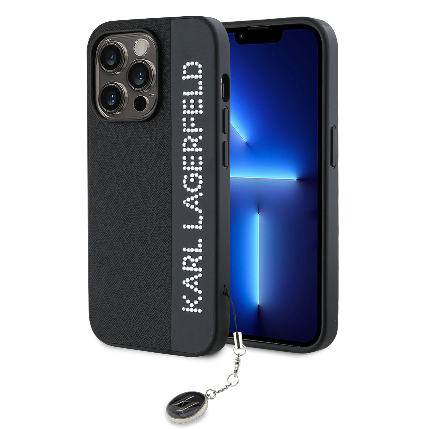 Karl Lagerfeld iPhone 14 Pro hoesje Saffiano Rhinestones and Charm - Zwart - productfoto