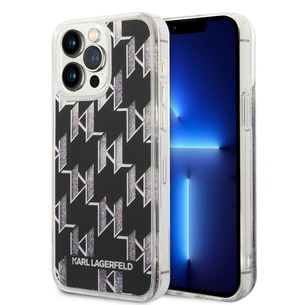 Karl Lagerfeld iPhone 14 Pro Max TPU hoesje - Liquid Glitter - Monogram - Zwart - productfoto