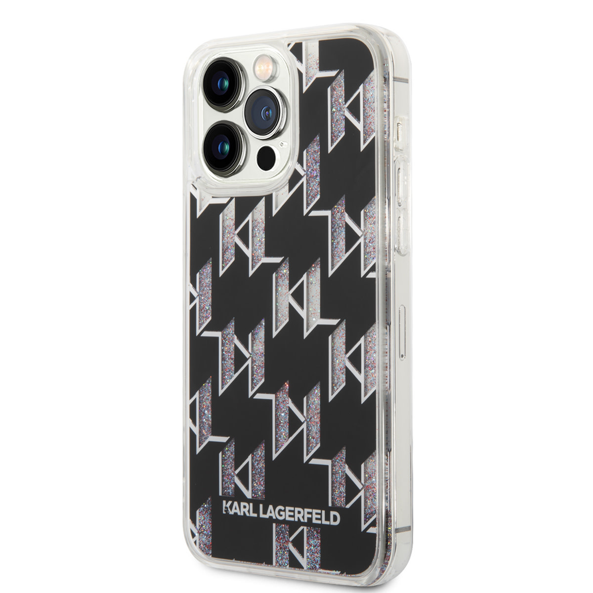 Karl Lagerfeld iPhone 14 Pro Max TPU hoesje - Liquid Glitter - Monogram - Zwart - detail 1