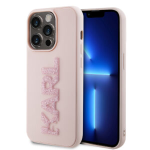 Karl Lagerfeld iPhone 15 Pro Hardcase hoesje - 3D Glitter Logo - Roze - productfoto