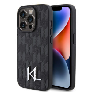 Karl Lagerfeld iPhone 15 Pro Hardcase hoesje - Hot Stamp - KL Metal Logo - Monogram - Zwart - productfoto
