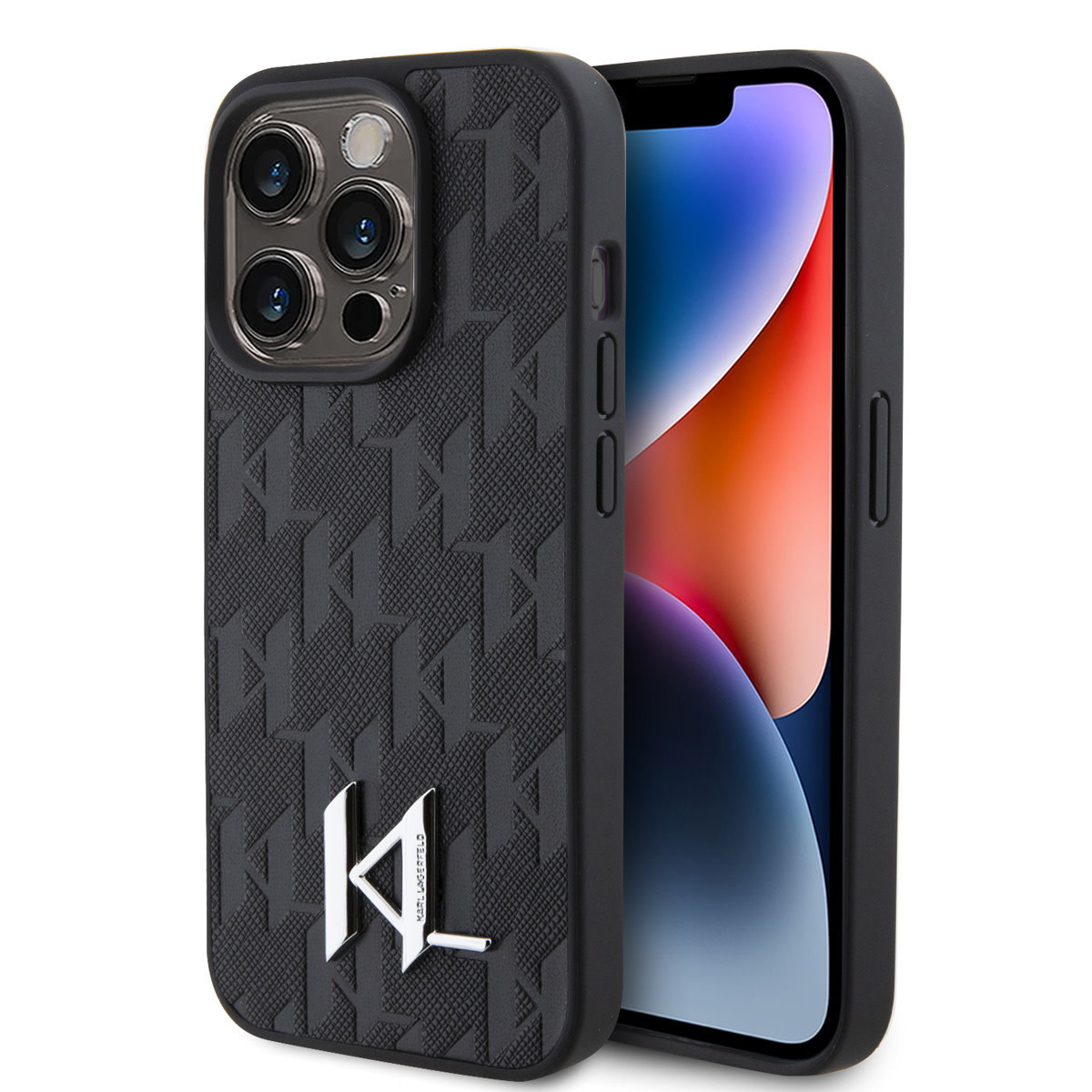 Karl Lagerfeld iPhone 15 Pro Hardcase hoesje - Hot Stamp - KL Metal Logo - Monogram - Zwart - productfoto
