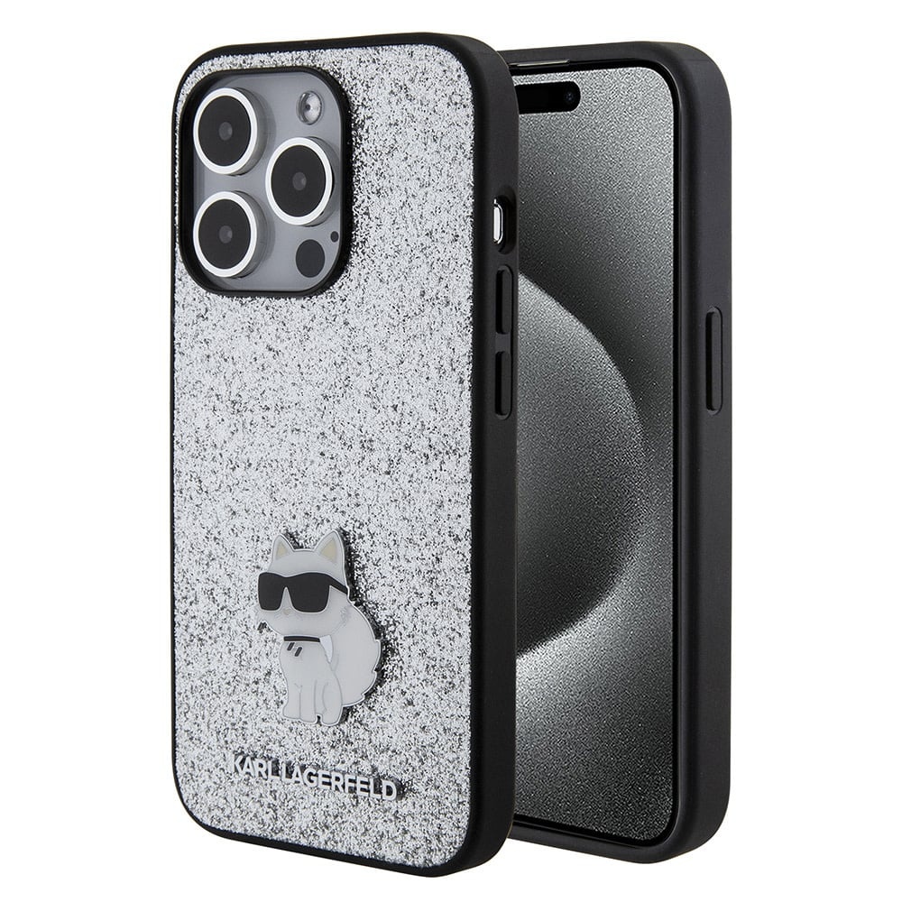 Karl Lagerfeld iPhone 15 Plus & 14 Plus hoesje FIXED GLITTER C LOGO METAL PIN - Zilver - productfoto