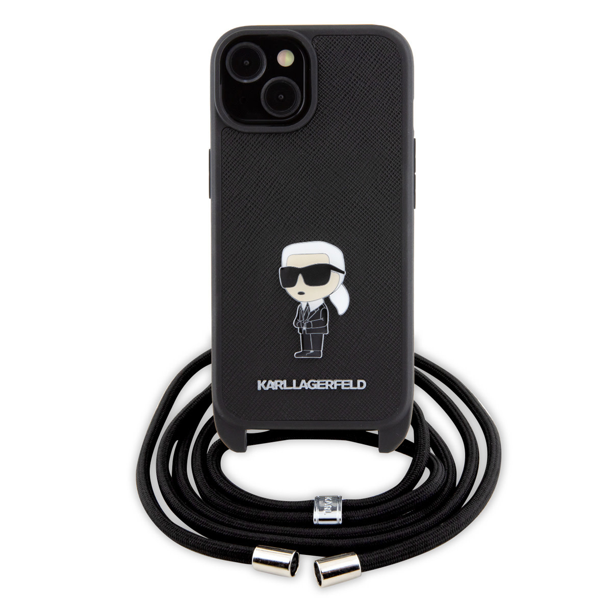 Karl Lagerfeld iPhone 15 Plus Hardcase hoesje - Saffiano - Ikonik Metal Pin - Crossbody - Zwart - productfoto