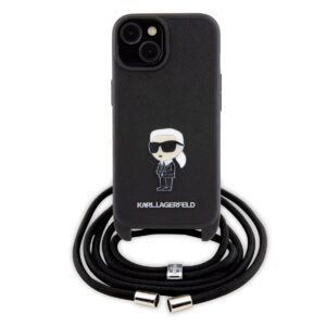 Karl Lagerfeld iPhone 15 Hardcase hoesje - Saffiano - Ikonik Metal Pin - Crossbody - Zwart - productfoto