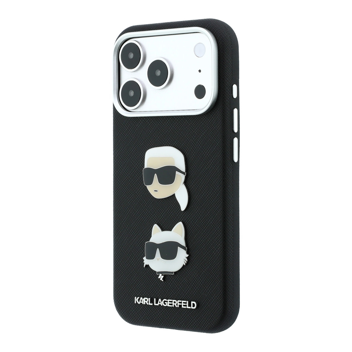 Karl iPhone 18 Pro Case hard shell - SW - PU - Saffiano - K&C Heads pins - logo Zwart - detail 1