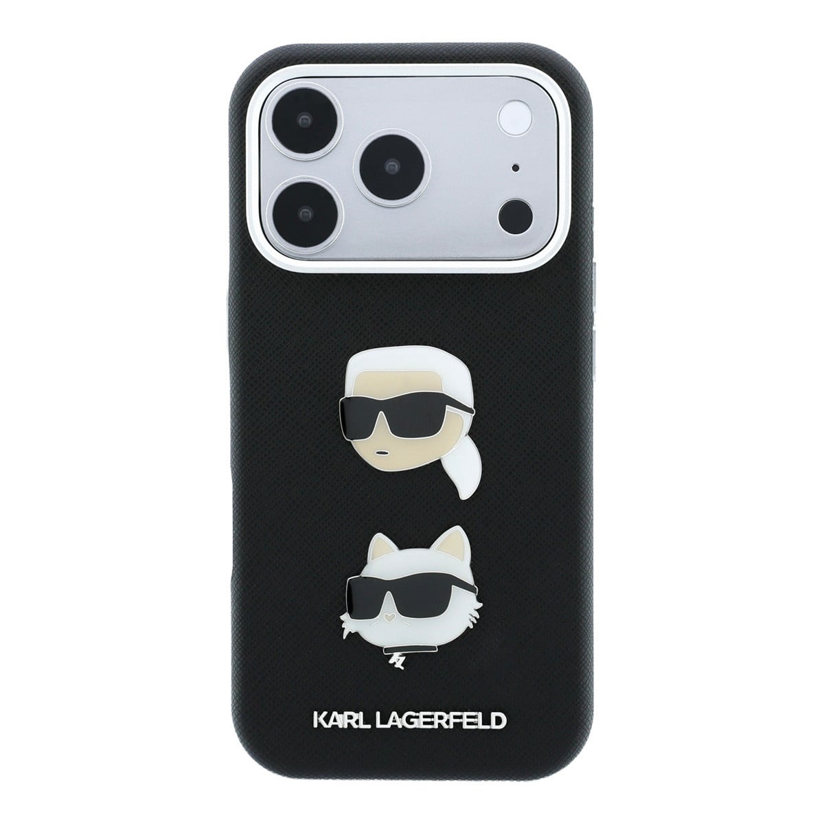 Karl iPhone 18 Pro Case hard shell - SW - PU - Saffiano - K&C Heads pins - logo Zwart - detail 2