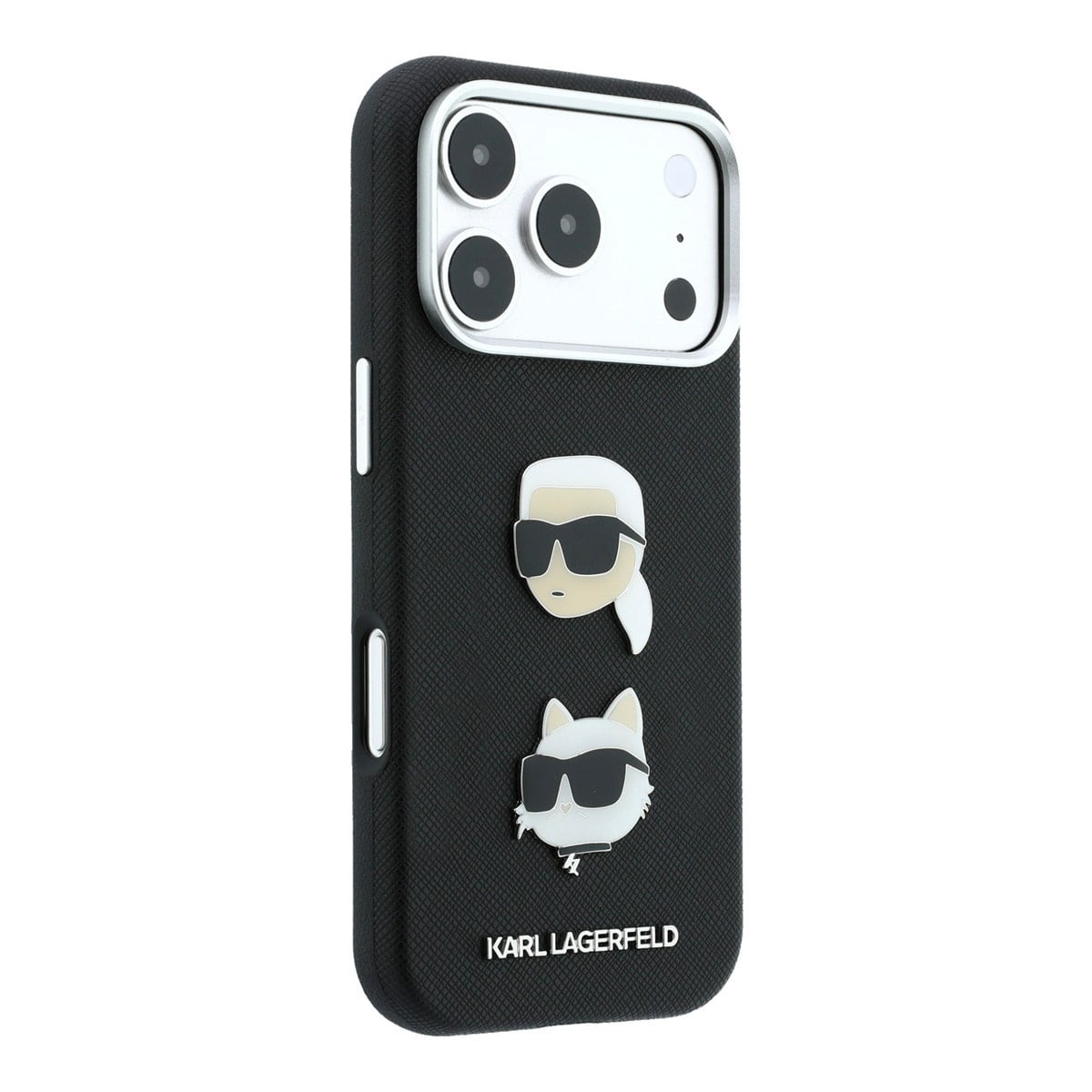 Karl iPhone 18 Pro Case hard shell - SW - PU - Saffiano - K&C Heads pins - logo Zwart - detail 3
