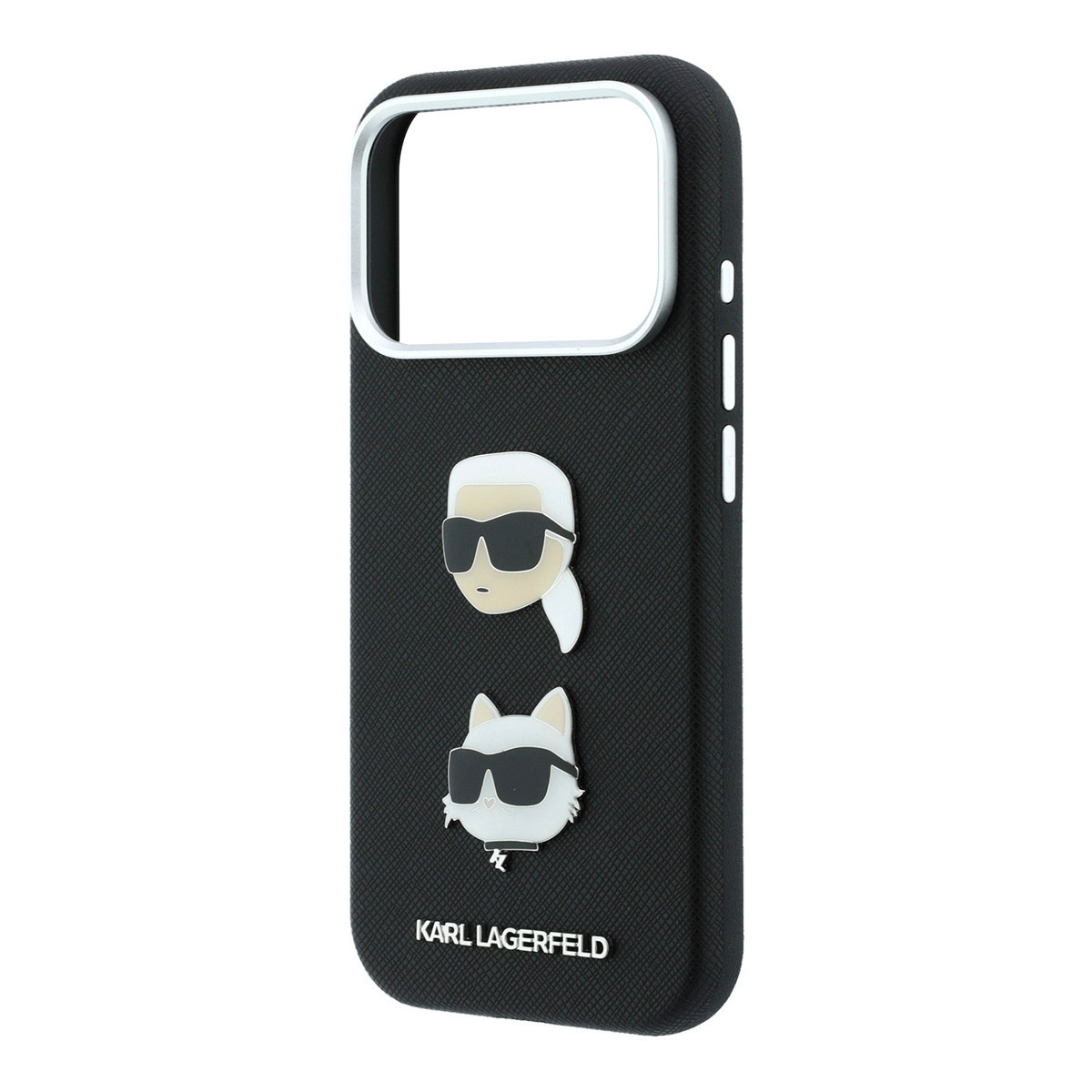 Karl iPhone 18 Pro Case hard shell - SW - PU - Saffiano - K&C Heads pins - logo Zwart - detail 5
