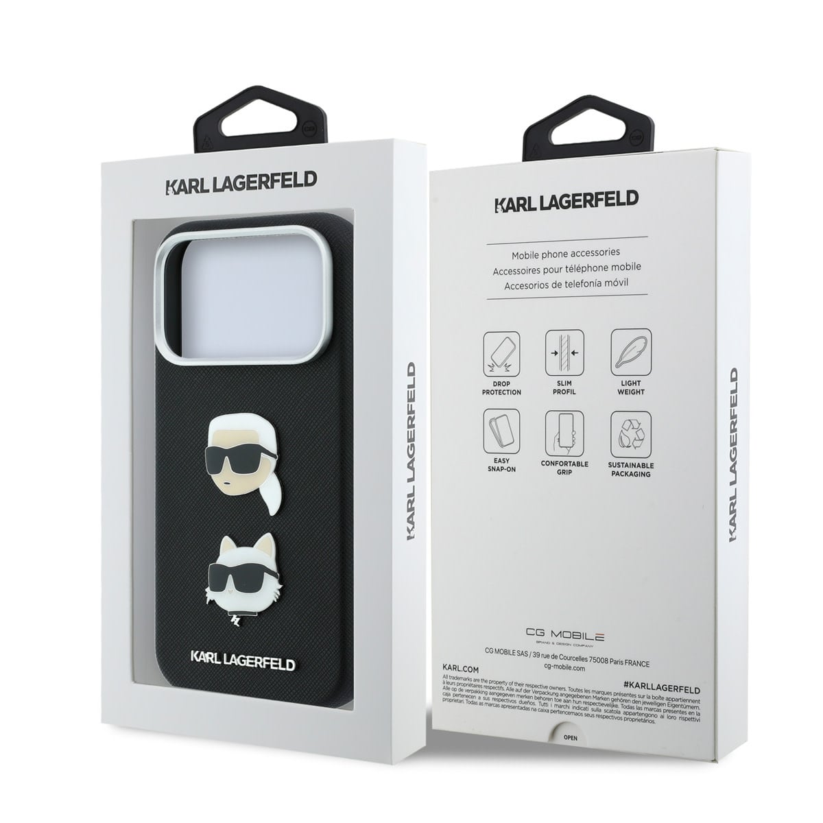 Karl iPhone 18 Pro Case hard shell - SW - PU - Saffiano - K&C Heads pins - logo Zwart - detail 7