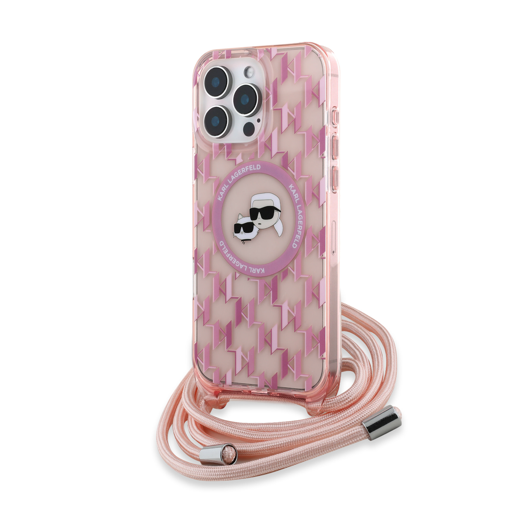 Karl Lagerfeld iPhone 16 Pro hoesje Magsafe IML KC heads - cord - Roze - detail 1
