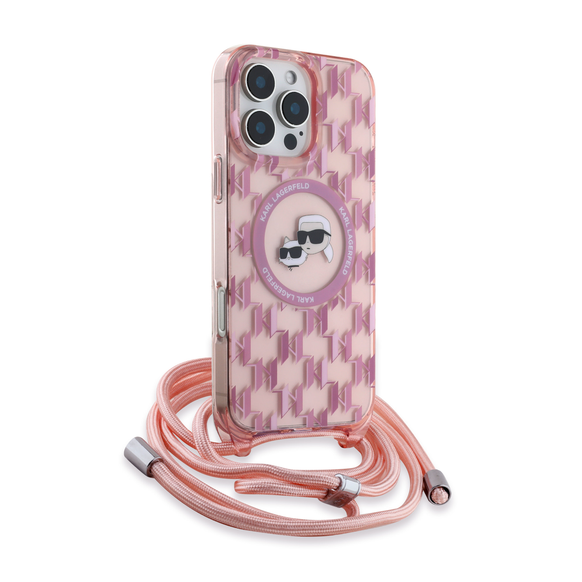Karl Lagerfeld iPhone 16 Pro hoesje Magsafe IML KC heads - cord - Roze - detail 2
