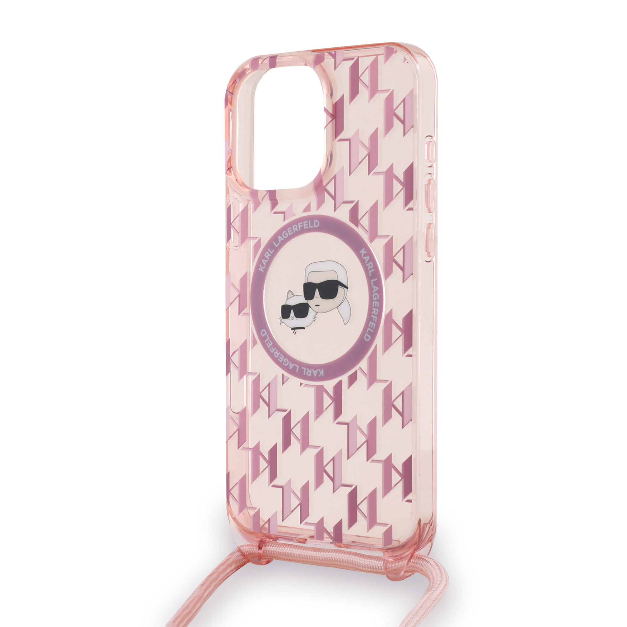 Karl Lagerfeld iPhone 16 Pro hoesje Magsafe IML KC heads - cord - Roze - detail 4