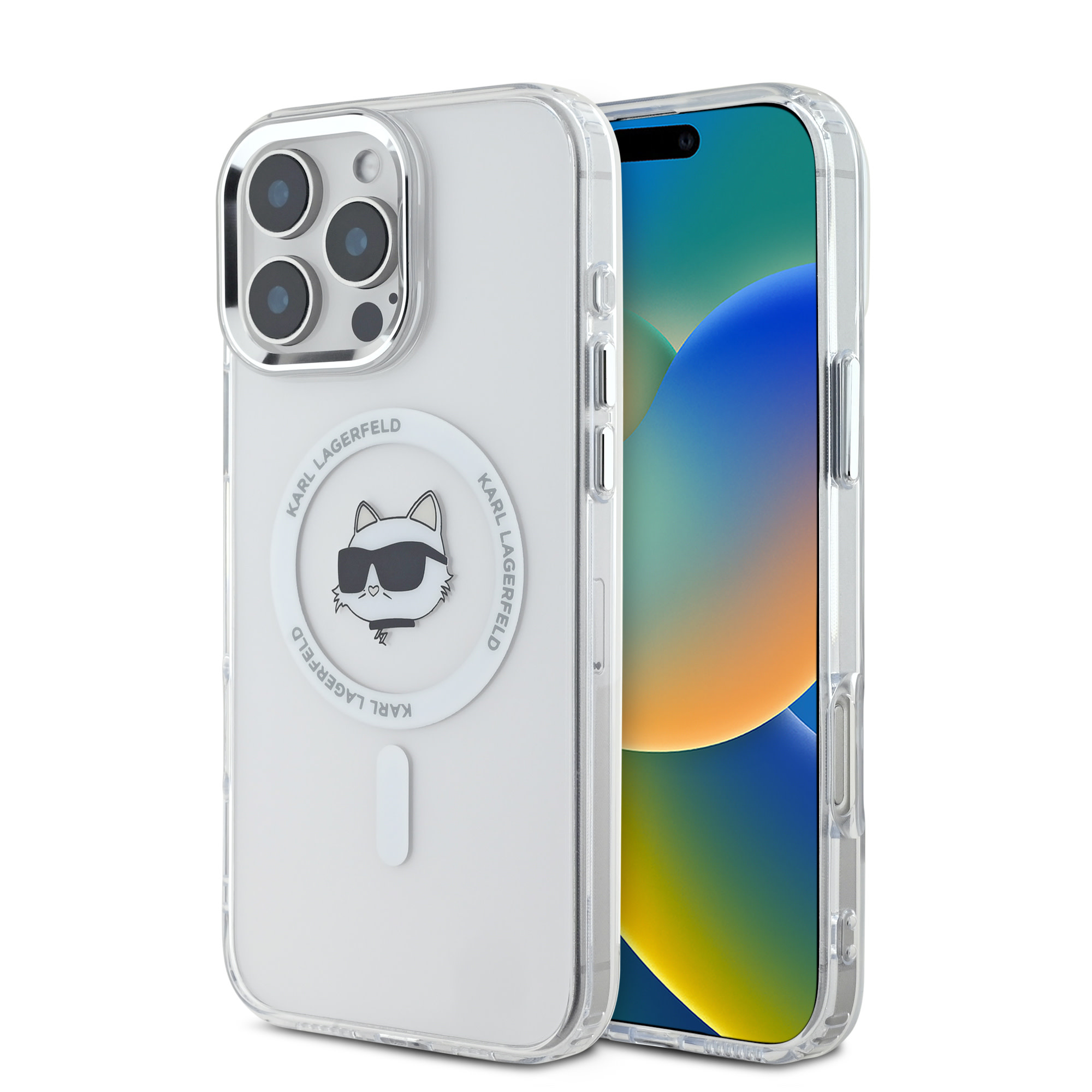 Karl Lagerfeld iPhone 16 Pro hoesje Magsafe IML metal choupette head - Wit - productfoto