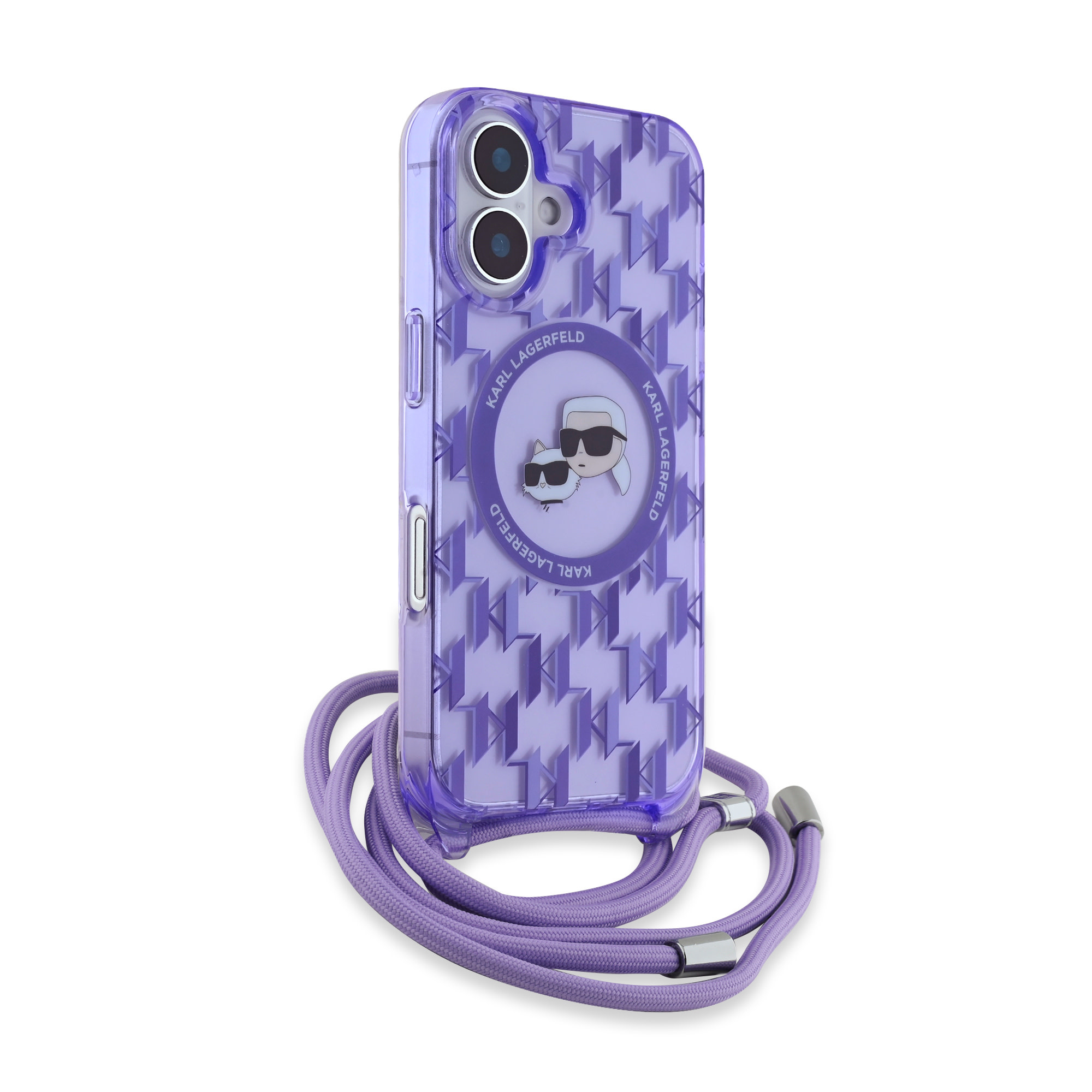 Karl Lagerfeld iPhone 16 hoesje Magsafe IML KC heads - cord - Paars - detail 2
