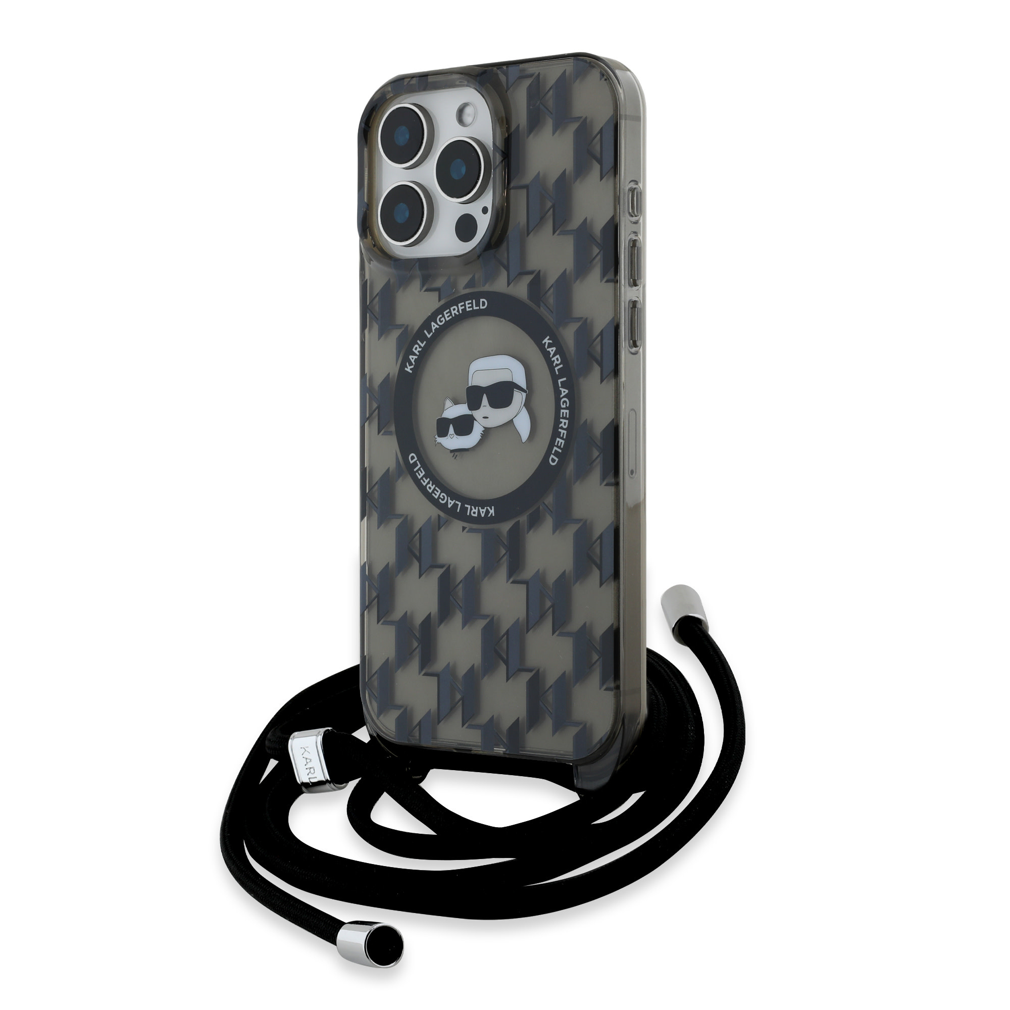 Karl Lagerfeld iPhone 16 Pro Max hoesje Magsafe IML KC heads - cord - Zwart - detail 1