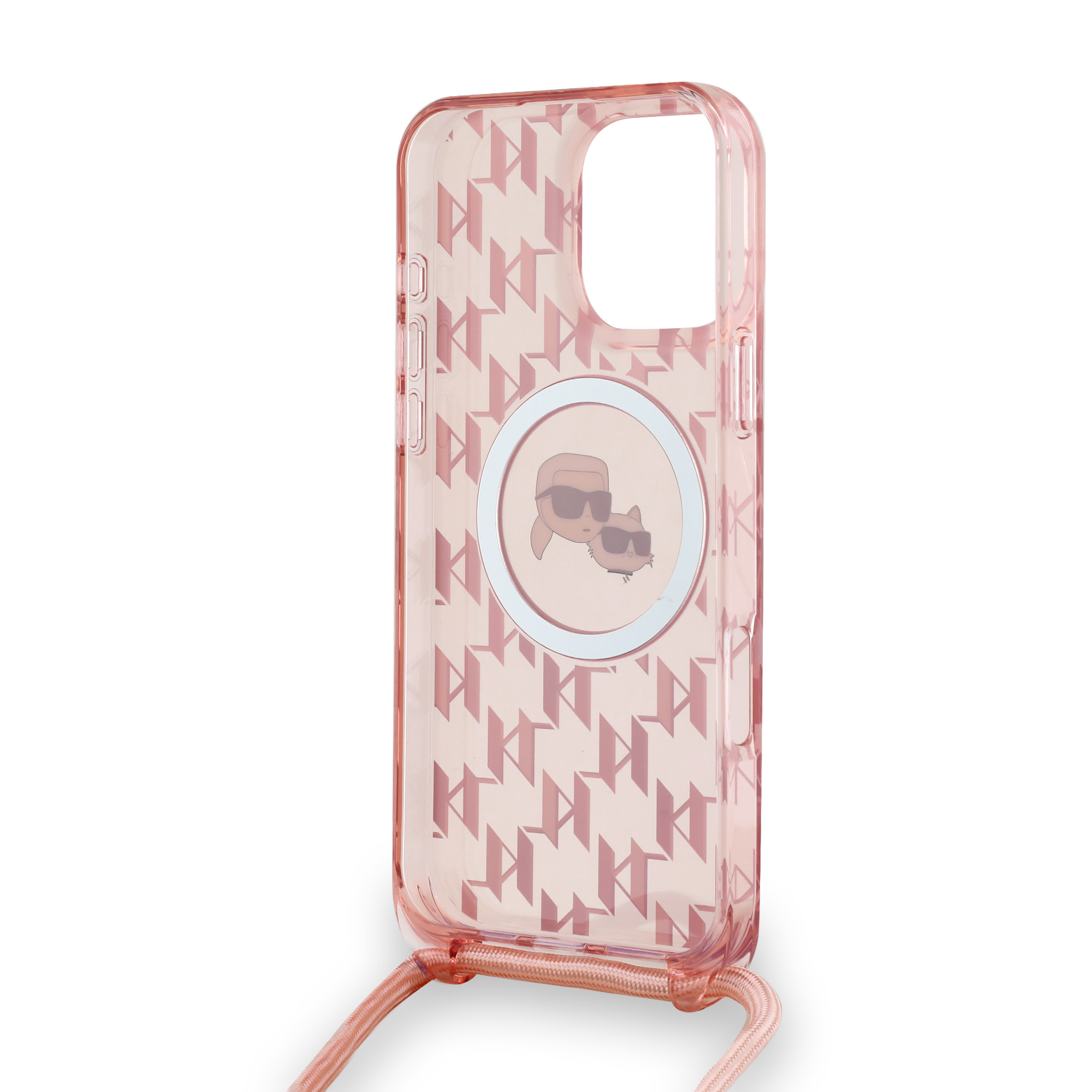 Karl Lagerfeld iPhone 16 Pro Max hoesje Magsafe IML KC heads - cord - Roze - detail 5