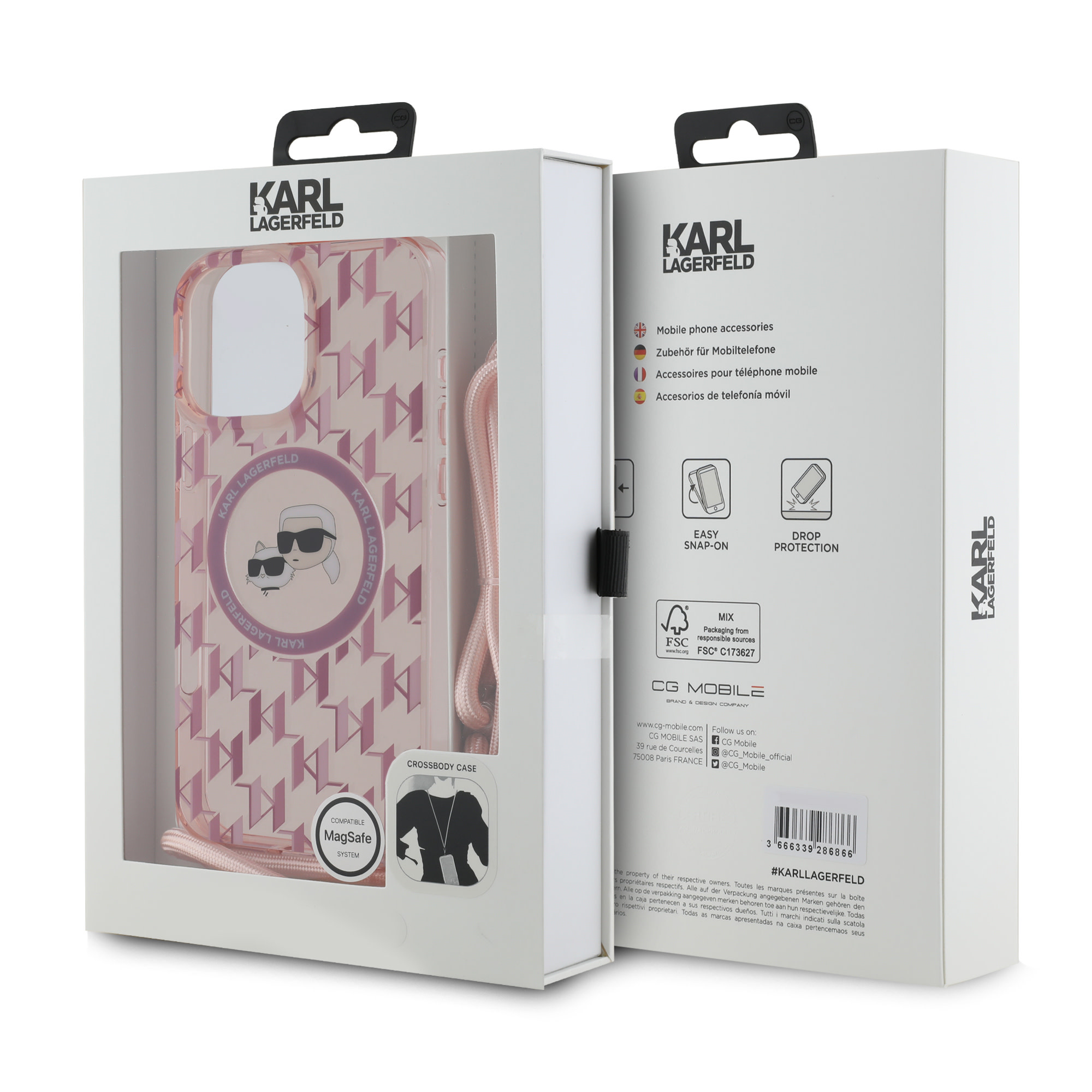 Karl Lagerfeld iPhone 16 Pro Max hoesje Magsafe IML KC heads - cord - Roze - detail 6