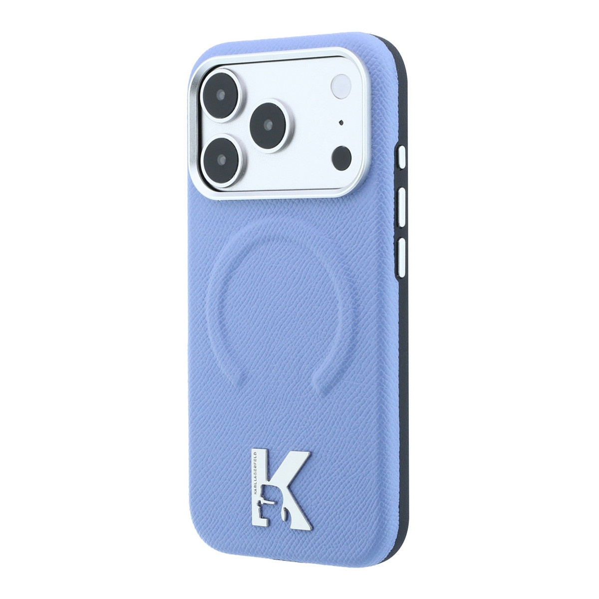 Karl iPhone 18 Pro Case hard shell - MagSafe - SW - grained PU - embossed ring - Kameo logo Lichtblauw - detail 1