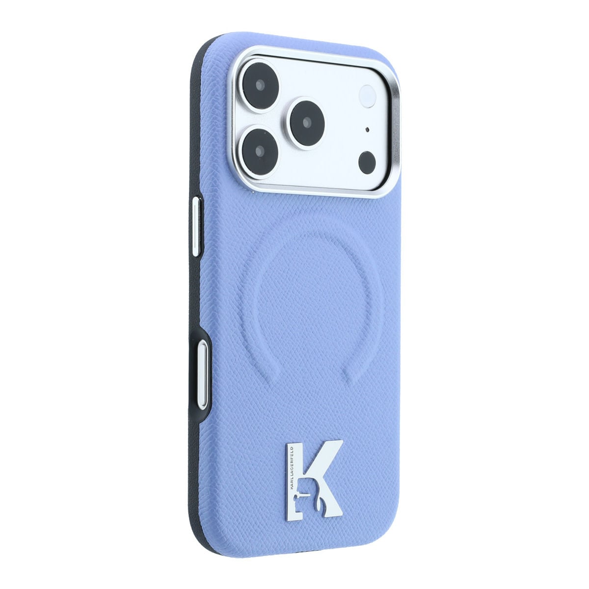 Karl iPhone 18 Pro Case hard shell - MagSafe - SW - grained PU - embossed ring - Kameo logo Lichtblauw - detail 3