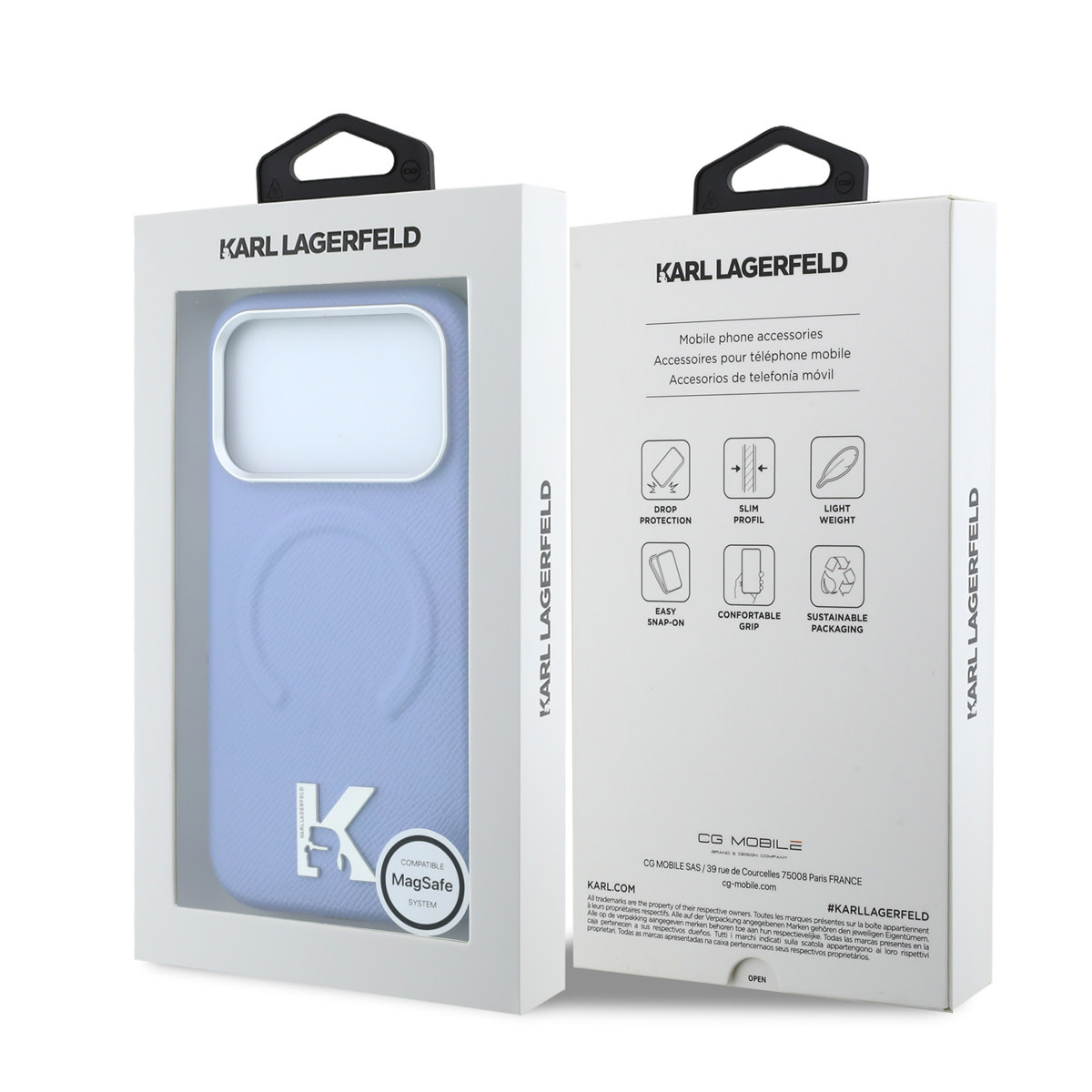 Karl iPhone 18 Pro Case hard shell - MagSafe - SW - grained PU - embossed ring - Kameo logo Lichtblauw - detail 7