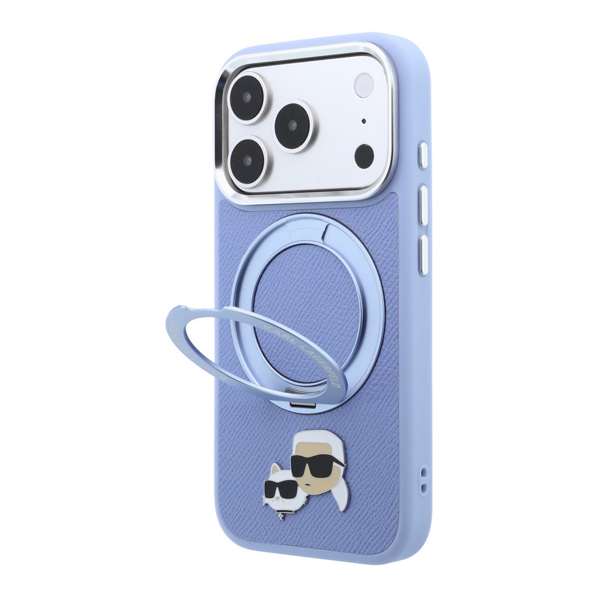 Karl iPhone 18 Pro Case hard shell - MagSafe - PU - 360-degree ring stand - KC Heads pin Lichtblauw - detail 1