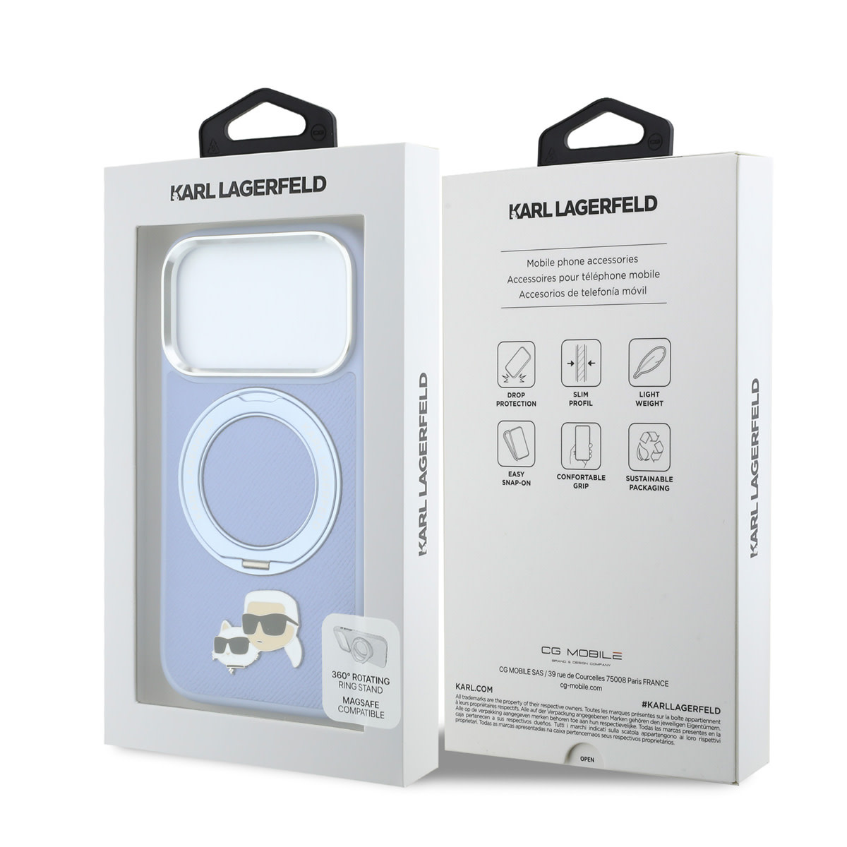 Karl iPhone 18 Pro Case hard shell - MagSafe - PU - 360-degree ring stand - KC Heads pin Lichtblauw - detail 7