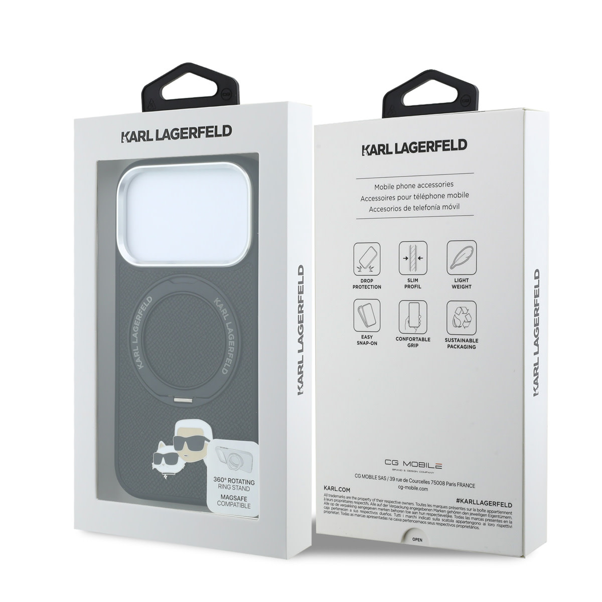 Karl iPhone 18 Pro Case hard shell - MagSafe - PU - 360-degree ring stand - KC Heads pin Zwart - detail 7
