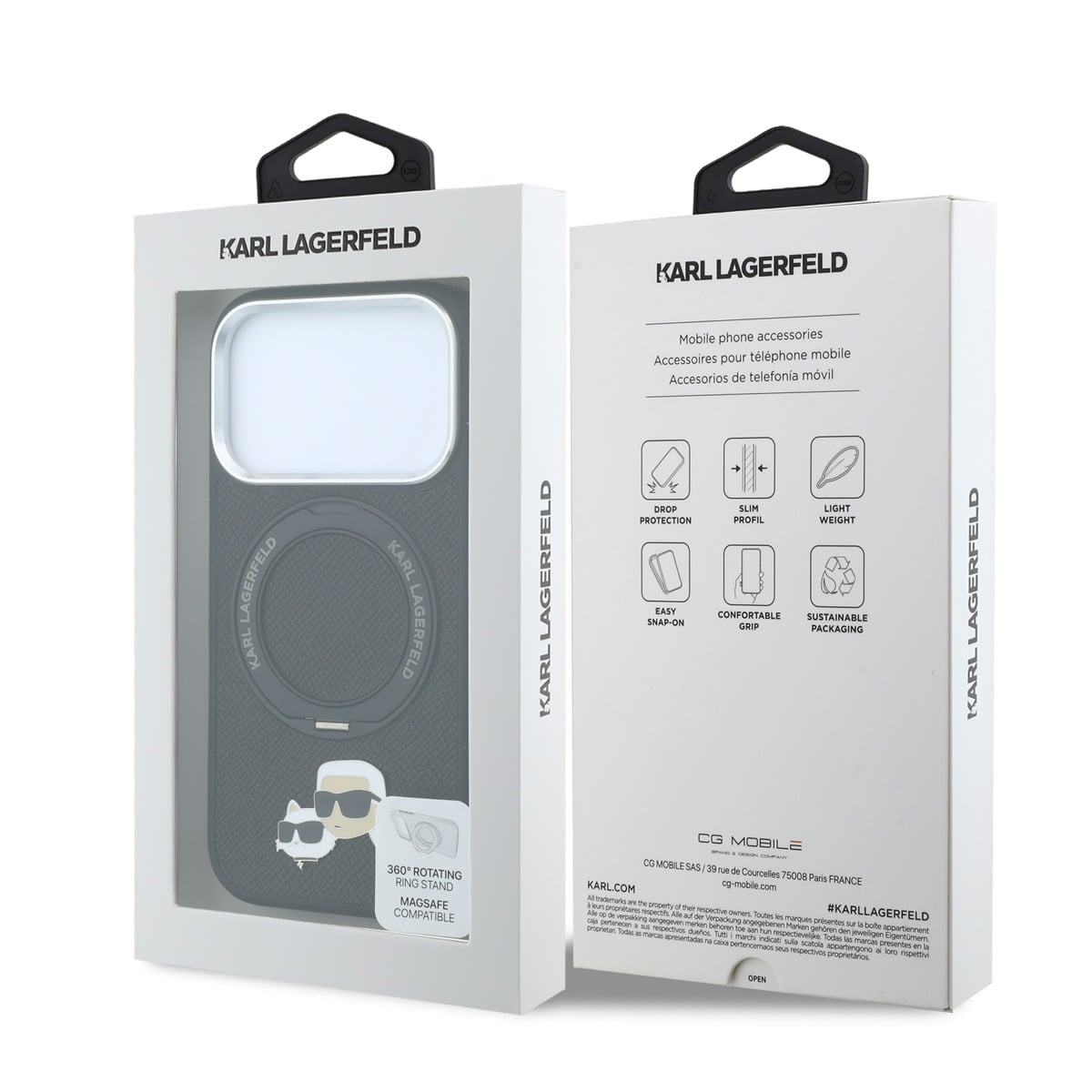Karl iPhone 18 Pro Max Case hard shell - MagSafe - PU - 360-degree ring stand - KC Heads pin Zwart - detail 7