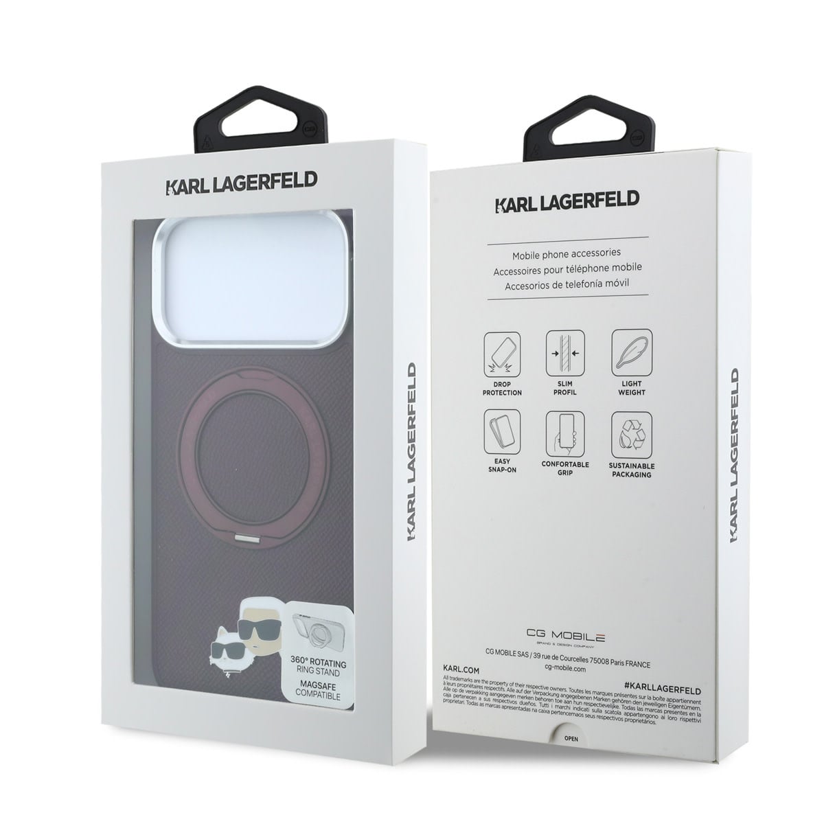 Karl iPhone 18 Pro Max Case hard shell - MagSafe - PU - 360-degree ring stand - KC Heads pin Bordeauxrood - detail 7
