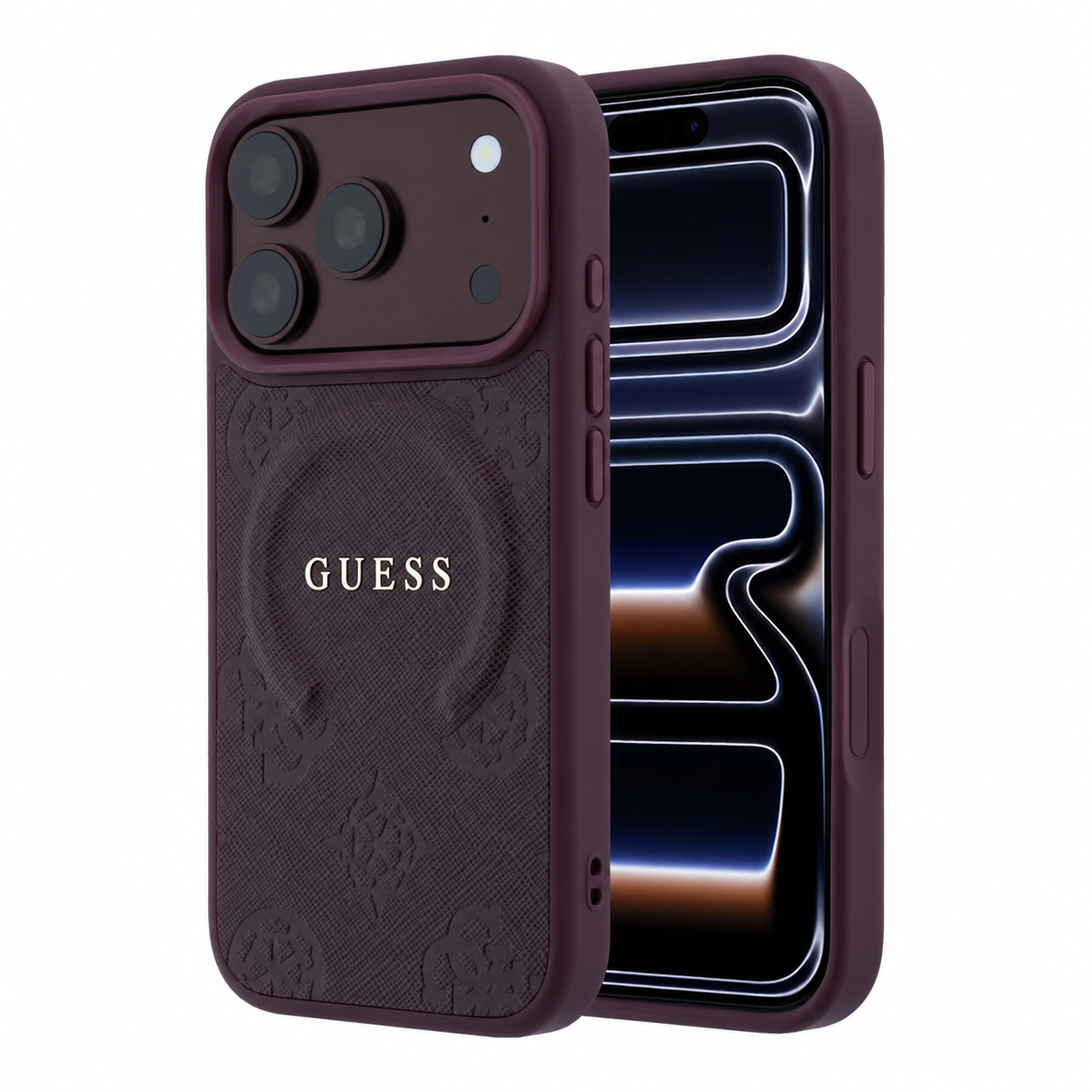 GUESS iPhone 18 Pro/17 Pro hardcase MagSafe Saffiano with Peony, ringstandaard and Pearl Strap - Bordeauxrood - productfoto