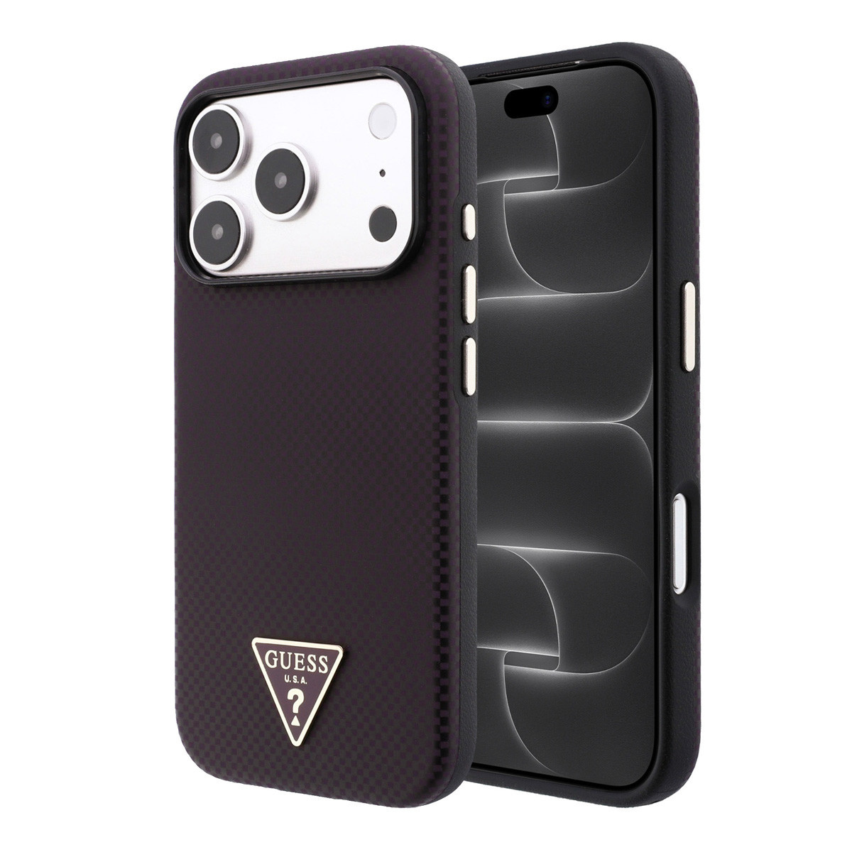 GUESS iPhone 18 Pro/17 Pro hardcase MagSafe PU Kevlar with Triangle Logo - Black/Bordeauxrood - productfoto