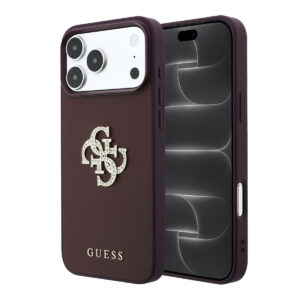 GUESS iPhone 18 Pro Max/17 Pro Max hardcase glad PU with Large Rhinestone Logo - Bordeauxrood - productfoto
