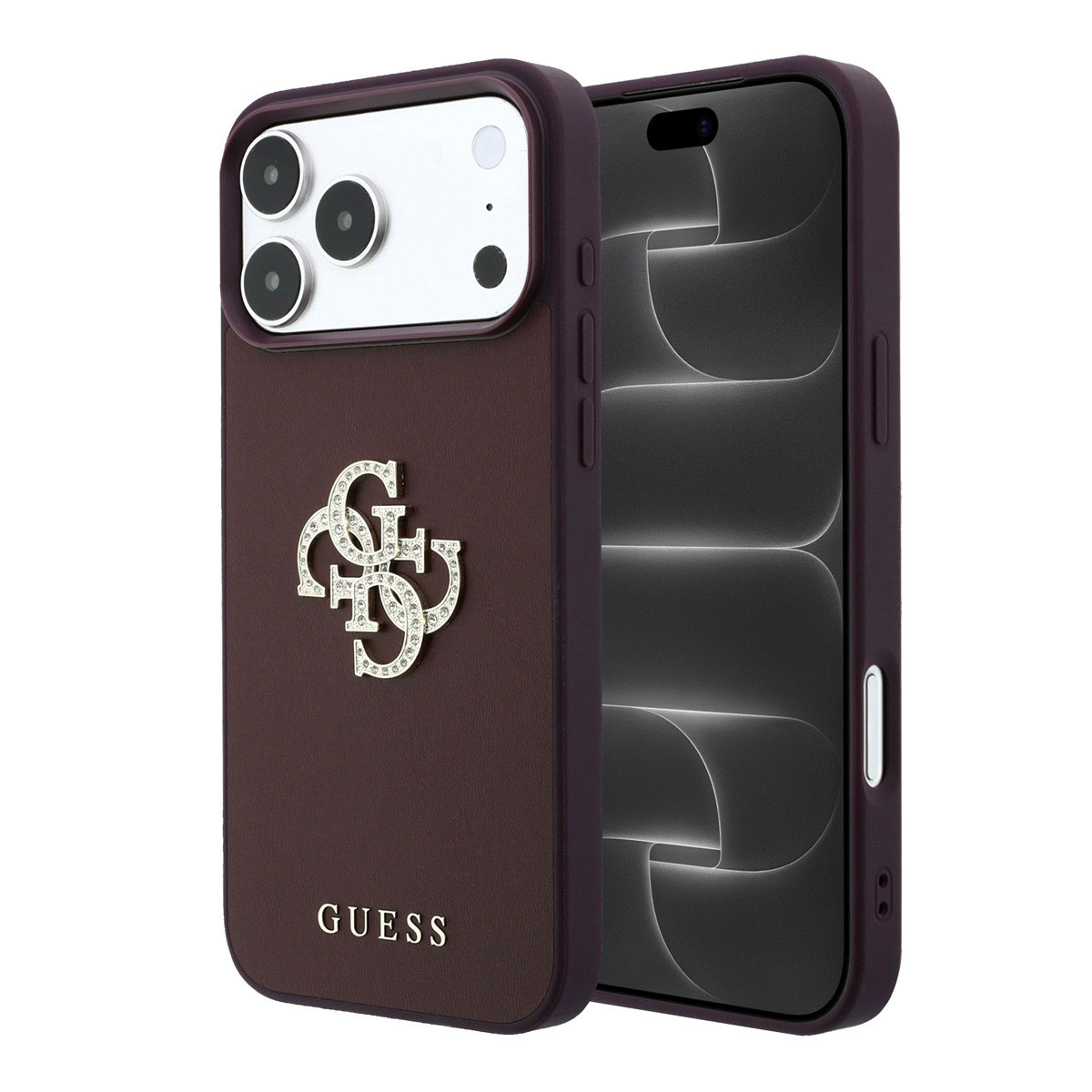 GUESS iPhone 18 Pro Max/17 Pro Max hardcase glad PU with Large Rhinestone Logo - Bordeauxrood - productfoto