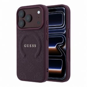 GUESS iPhone 18 Pro Max/17 Pro Max hardcase MagSafe Saffiano with Peony, ringstandaard and Pearl Strap - Bordeauxrood - productfoto