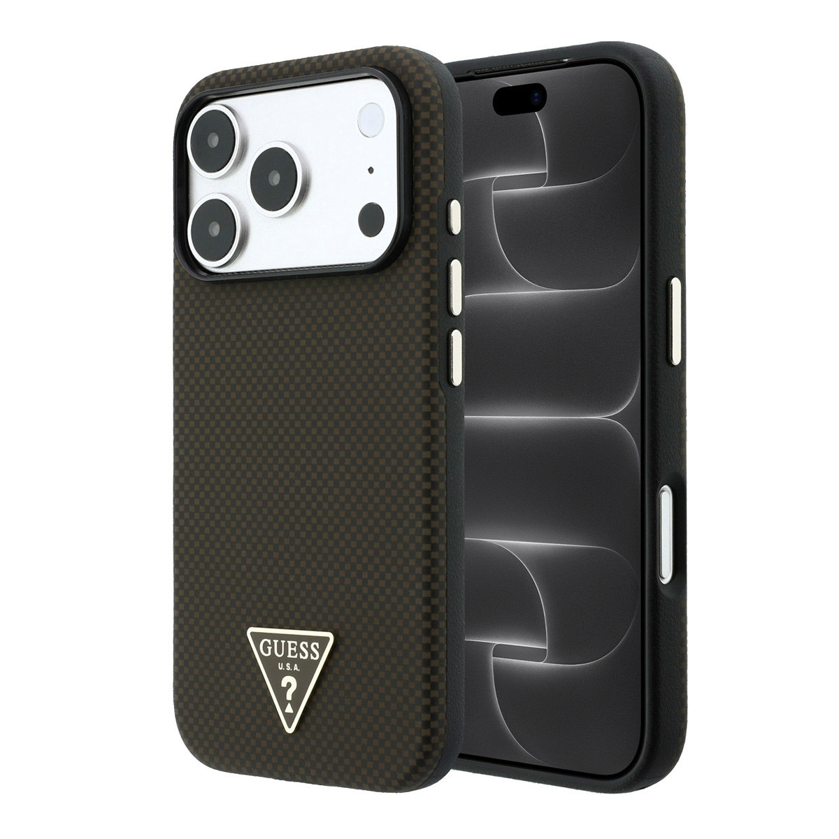 GUESS iPhone 18 Pro Max/17 Pro Max hardcase MagSafe PU Kevlar with Triangle Logo - Black/Bruin - productfoto